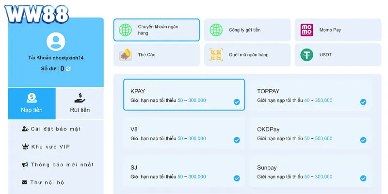 Nạp tiền WW88 đơn giản qua từng phương thức